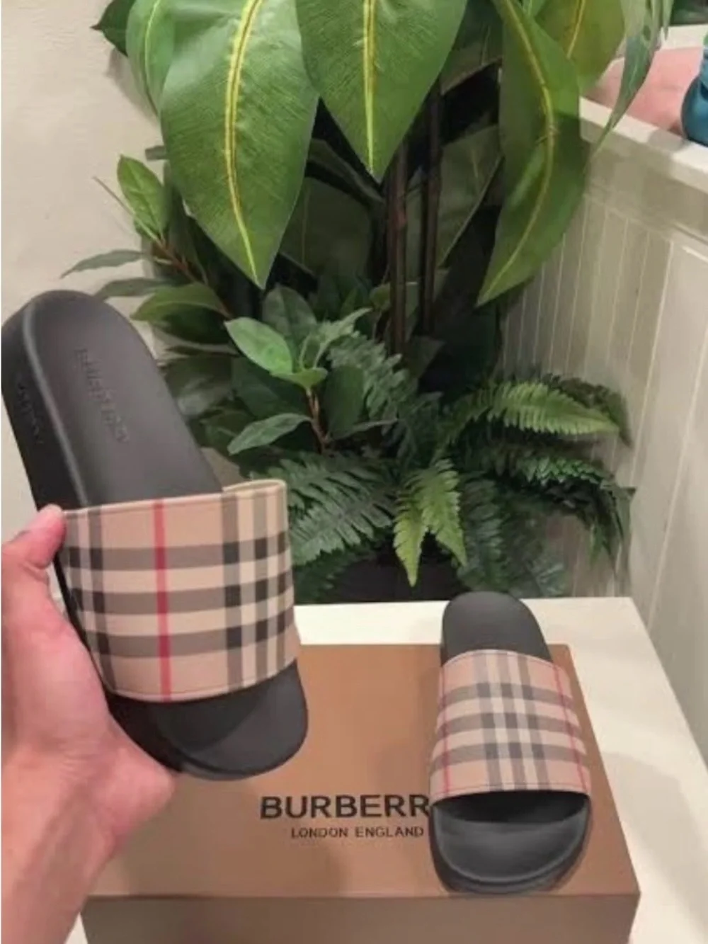 Burberry Beige Check Slide Sandals for Men